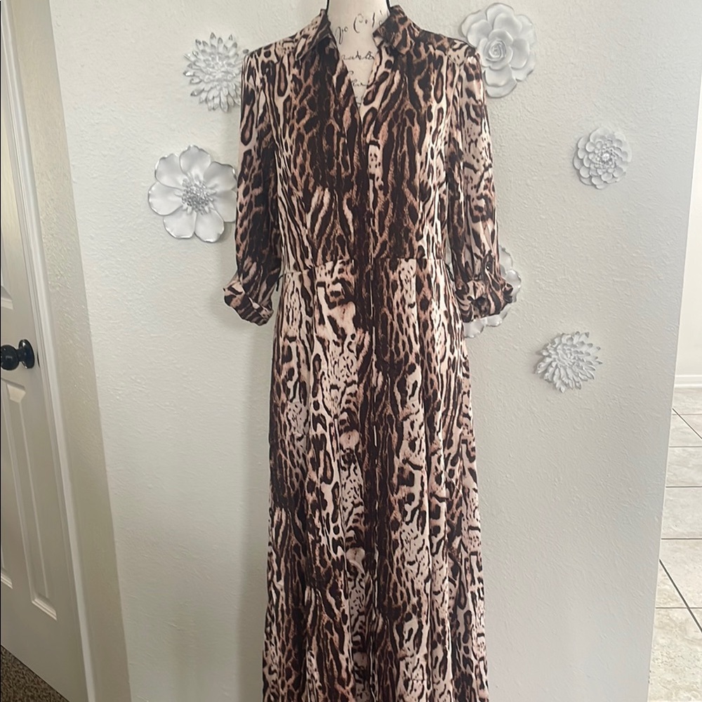 INC International Concepts Brown and Cream Ruffled Wrap Gown